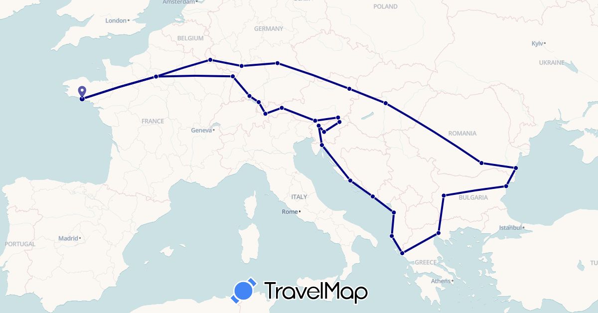 TravelMap itinerary: driving in Albania, Austria, Bulgaria, Germany, France, Greece, Croatia, Hungary, Luxembourg, Romania, Slovenia (Europe)