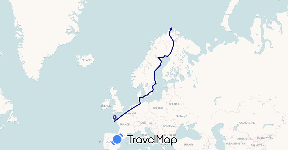 TravelMap itinerary: driving in Germany, Denmark, Finland, France, Norway, Sweden (Europe)