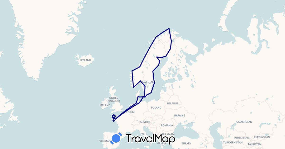 TravelMap itinerary: driving in Germany, Denmark, Finland, France, Norway, Sweden (Europe)